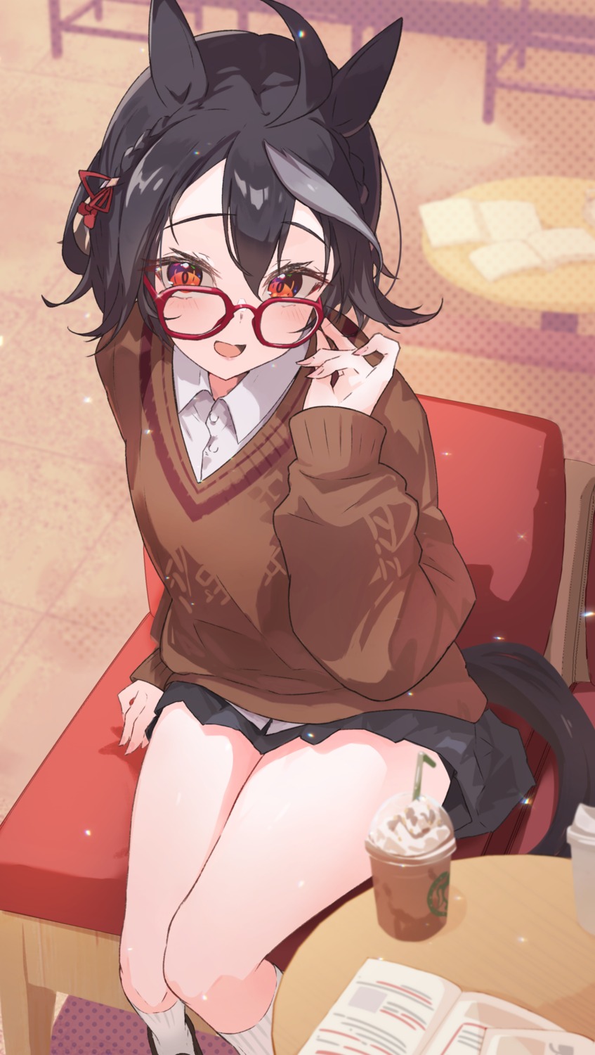 animal_ears, kitasan_black_(umamusume), megane, seifuku, sweater, tail, uma_musume_pretty_derby, yakousei_a