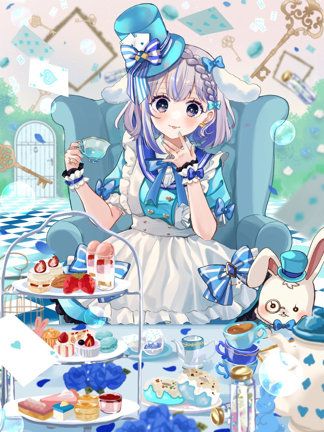 alice_in_wonderland, animal_ears, bunny_ears, dress, lolita_fashion, mad_hatter, rino_cnc, white_rabbit