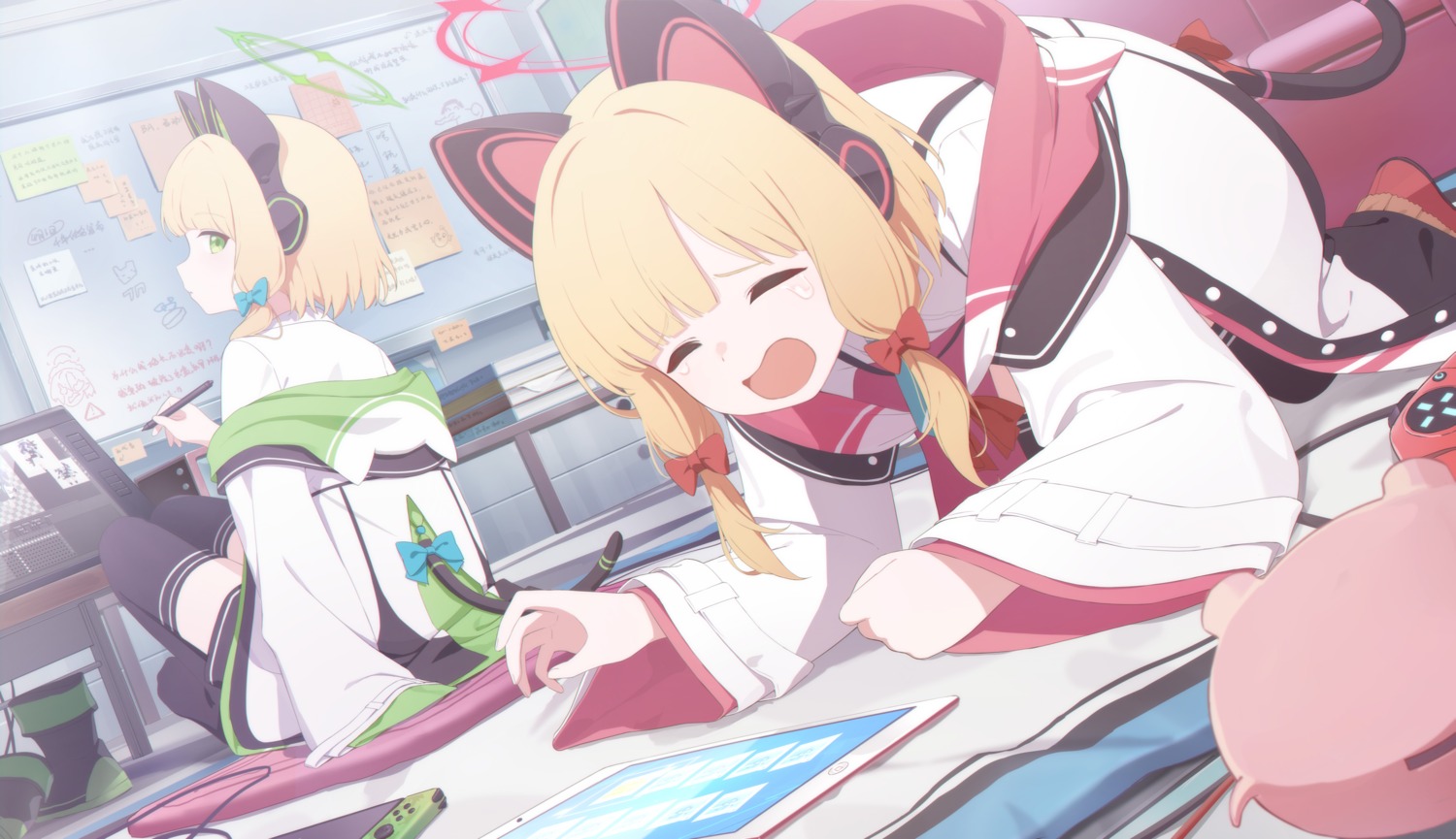 animal_ears, blue_archive, halo, headphones, nekomimi, saiba_midori, saiba_momoi, seifuku