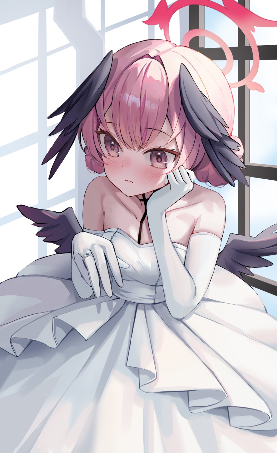blue_archive, dress, halo, ri_yonn, shimoe_koharu, wedding_dress, wings