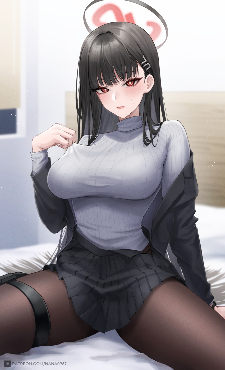 blue_archive, business_suit, expulse, garter, halo, pantyhose, sweater, tsukatsuki_rio