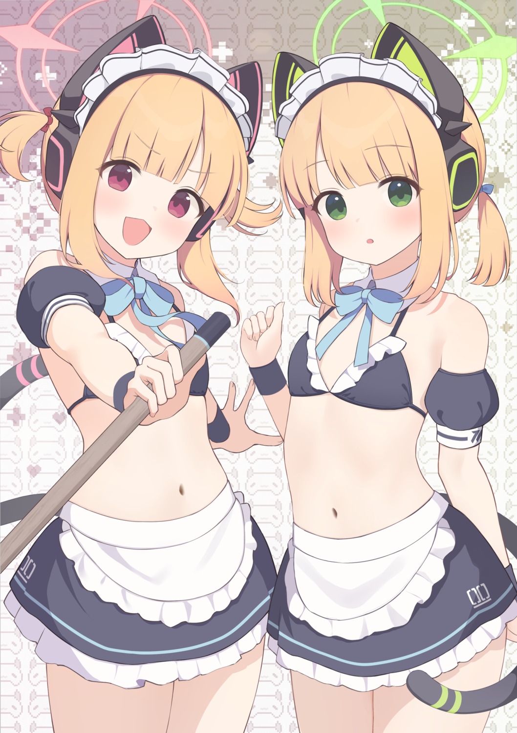 animal_ears, bikini_top, blue_archive, halo, hazuki_lime, headphones, maid, nekomimi, saiba_midori, saiba_momoi, swimsuits, tail