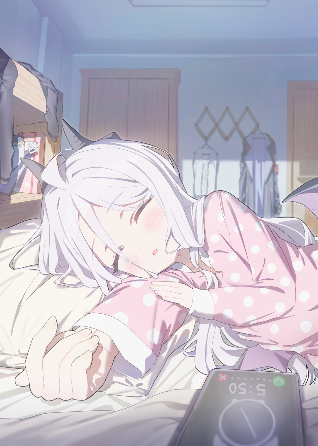 applepie_(12711019), blue_archive, devil, horns, pajama, sorasaki_hina, wings