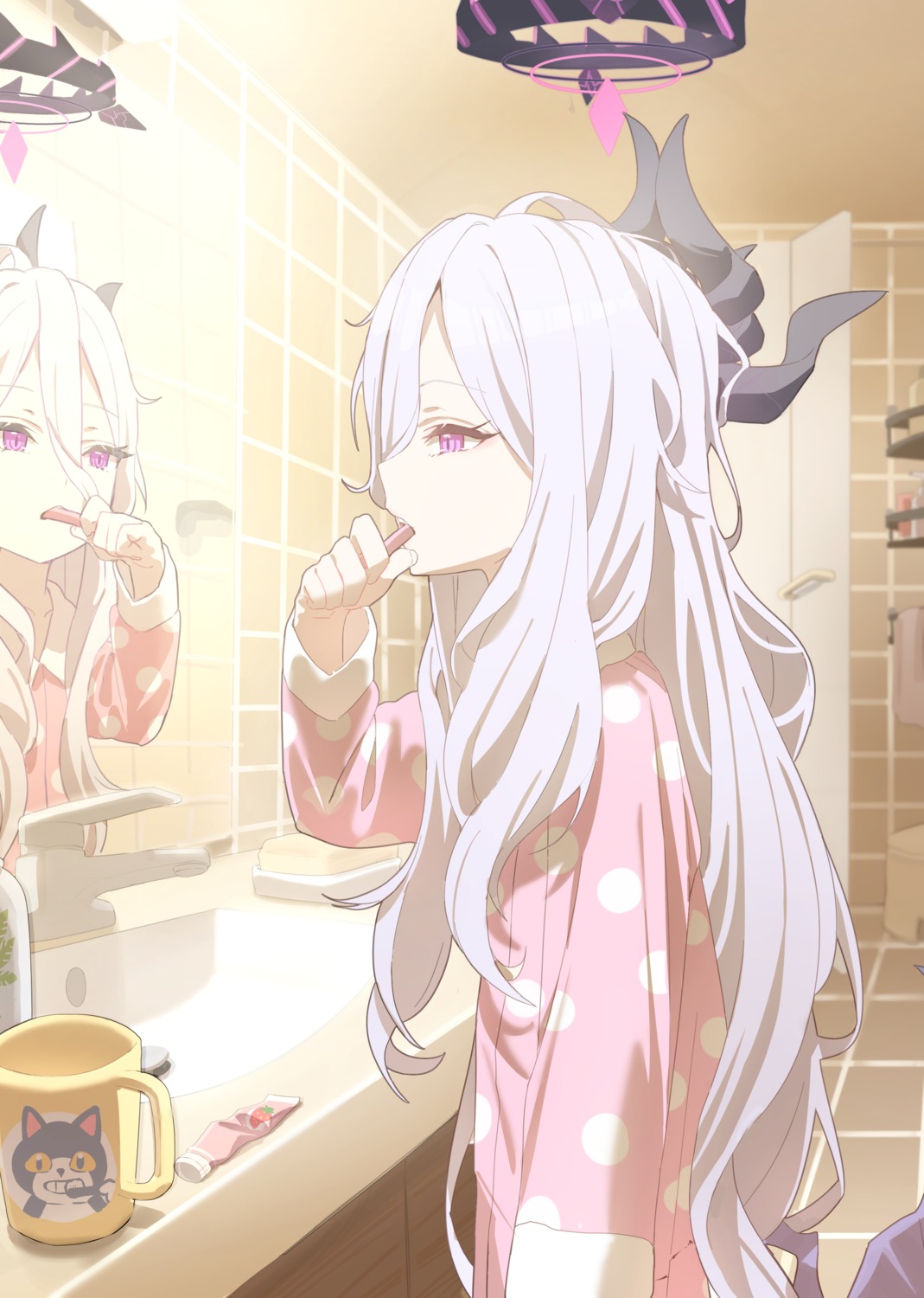 applepie_(12711019), blue_archive, devil, halo, horns, pajama, sorasaki_hina, wings