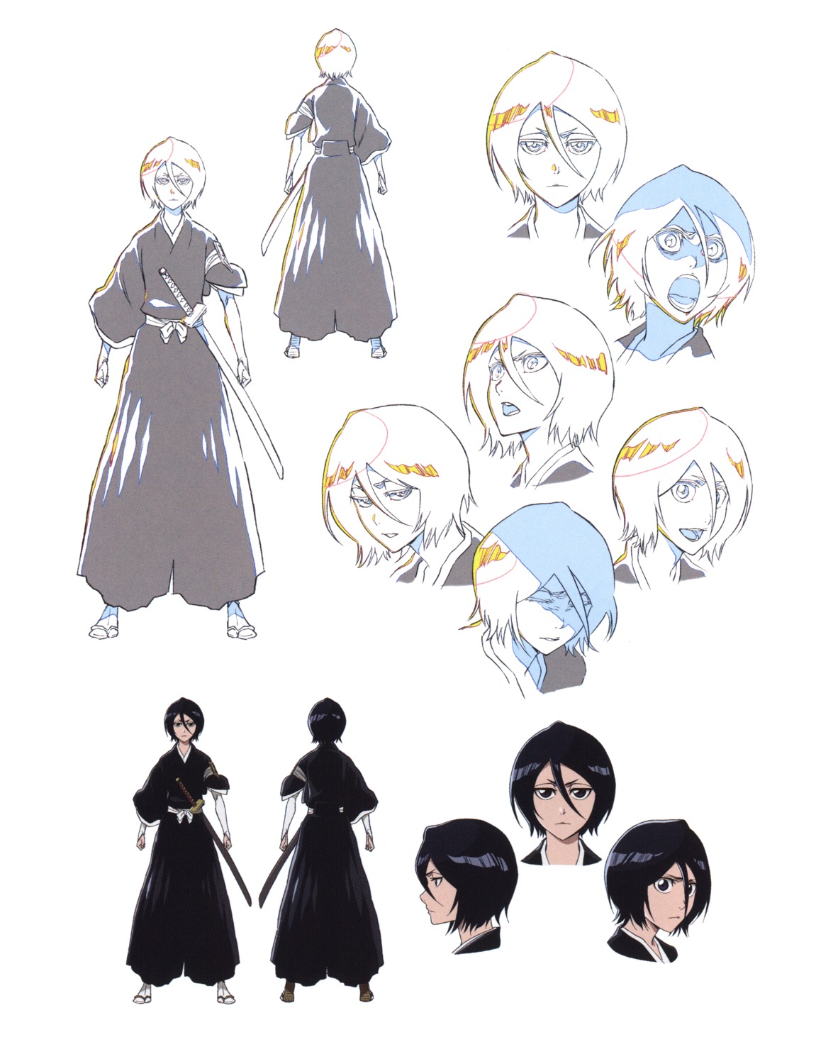 bleach_thousand_year_blood_war, character_design, expression, japanese_clothes, kuchiki_rukia, kudou_masashi, line_art, sword