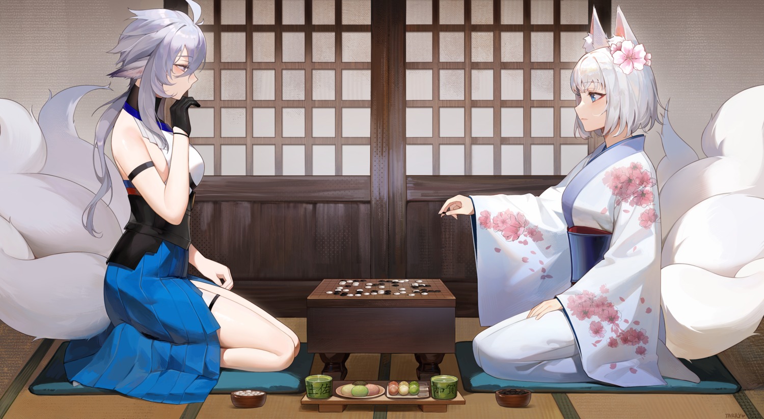 animal_ears, azur_lane, garter, japanese_clothes, kaga_(azur_lane), kimono, kitsune, tail, tarry, tosa_(azur_lane)