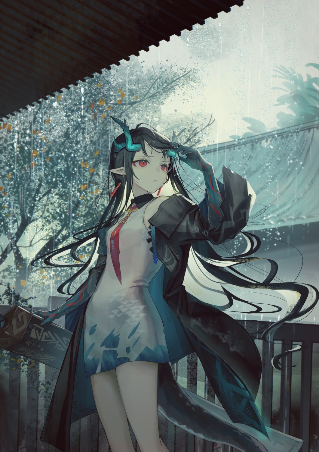 arknights, dress, dusk_(arknights), horns, natsuba002, pointy_ears, tail