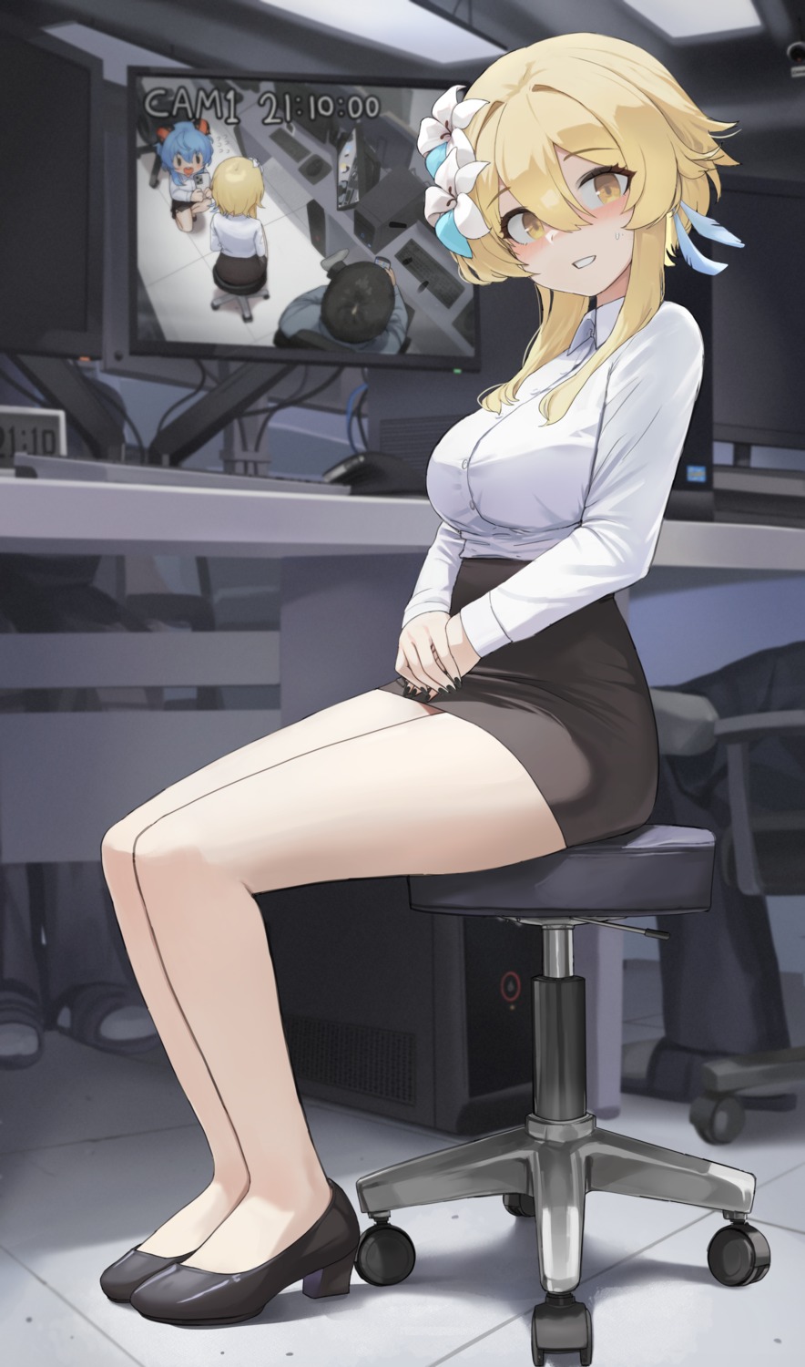 dolri, dress_shirt, ganyu, genshin_impact, heels, horns, lumine