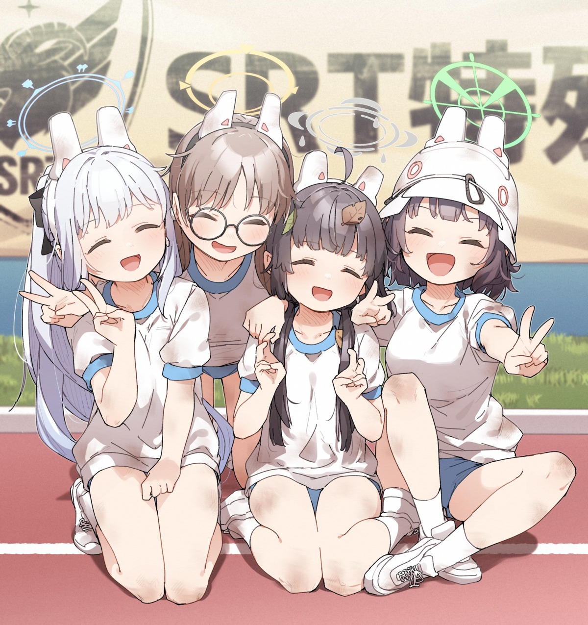 animal_ears, blue_archive, bunny_ears, buruma, gym_uniform, halo, kasumizawa_miyu, kazekura_moe, kusaka_shi, megane, sorai_saki, tsukiyuki_miyako