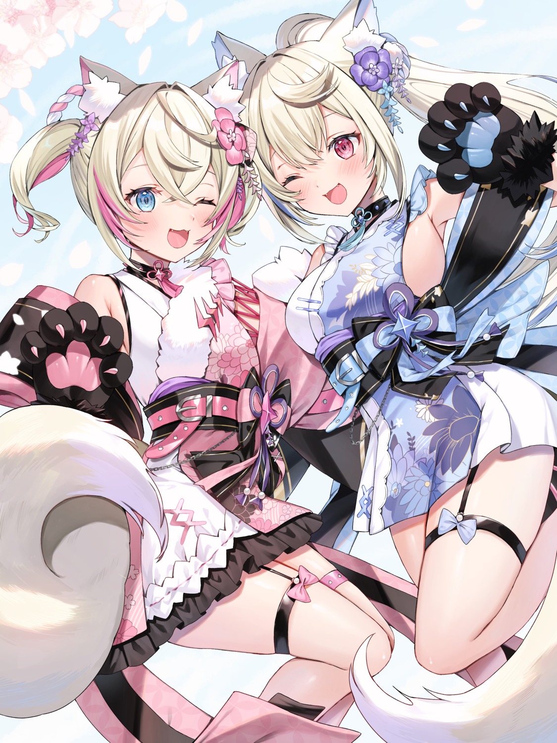 animal_ears, fuwawa_abyssgard, garter, hololive, hololive_english, inumimi, japanese_clothes, mococo_abyssgard