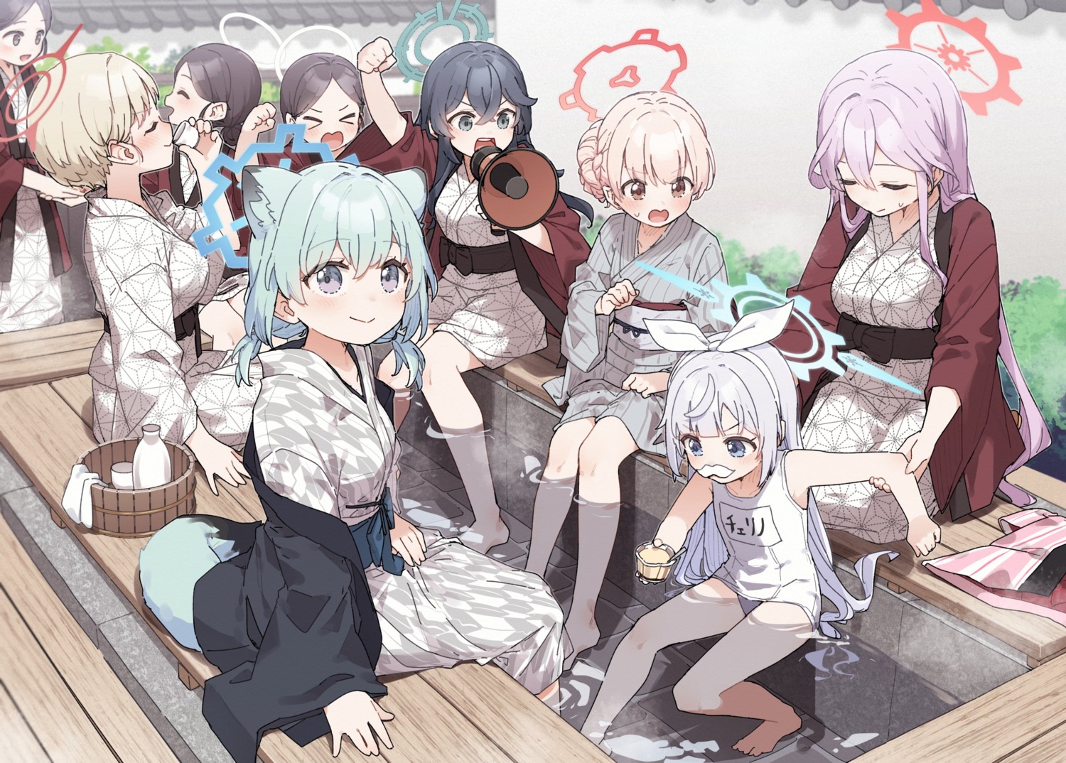 amami_nodoka, animal_ears, blue_archive, halo, ikekura_marina, kusaka_shi, mayoi_shigure, onsen