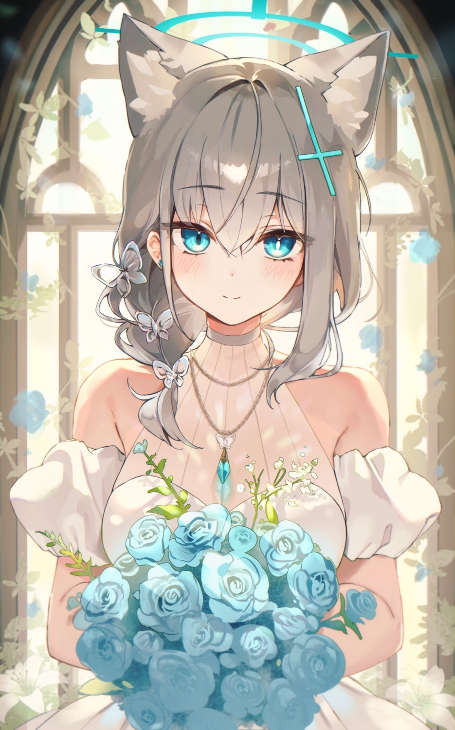animal_ears, blue_archive, dress, halo, miltea, nekomimi, see_through, sunaookami_shiroko