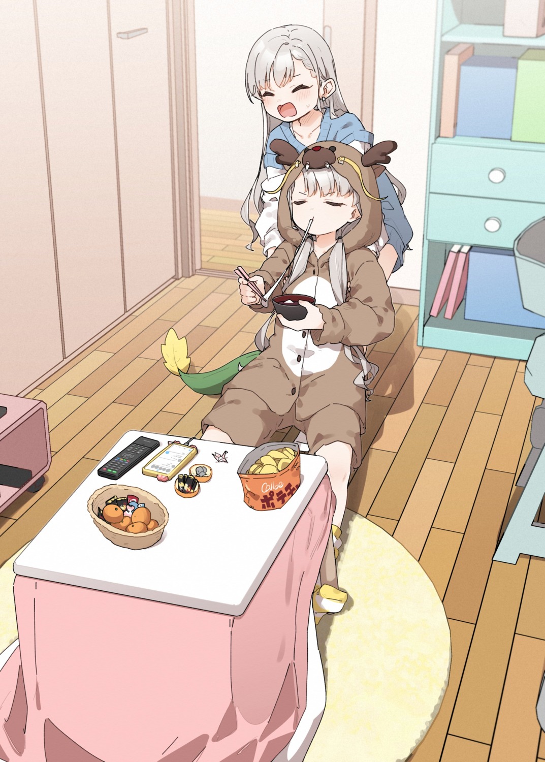 animal_ears, hisakawa_hayate, hisakawa_nagi, horns, kusaka_shi, pajama, sweater, tail