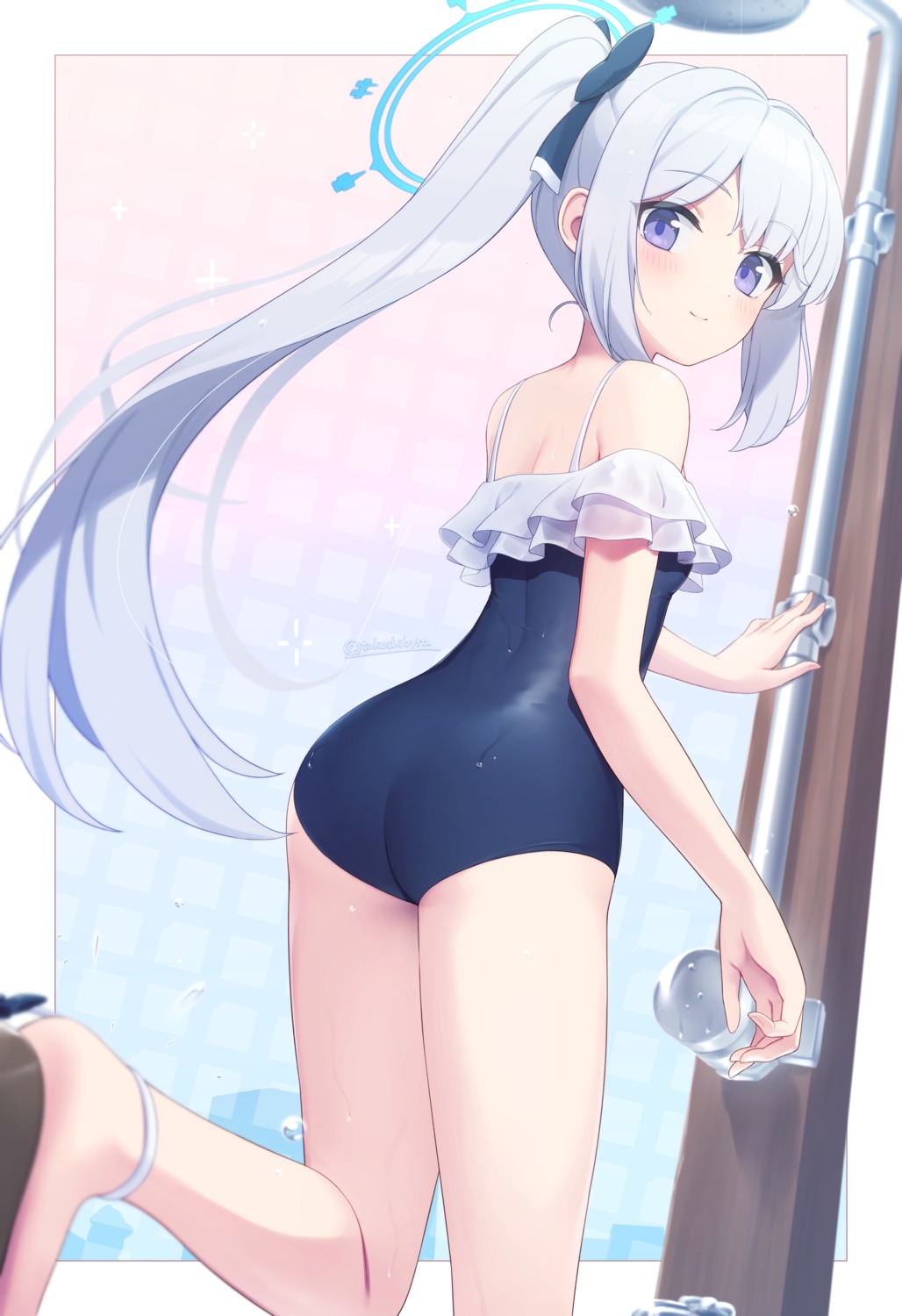 ass, blue_archive, halo, see_through, swimsuits, tokoshibyra, tsukiyuki_miyako, wet