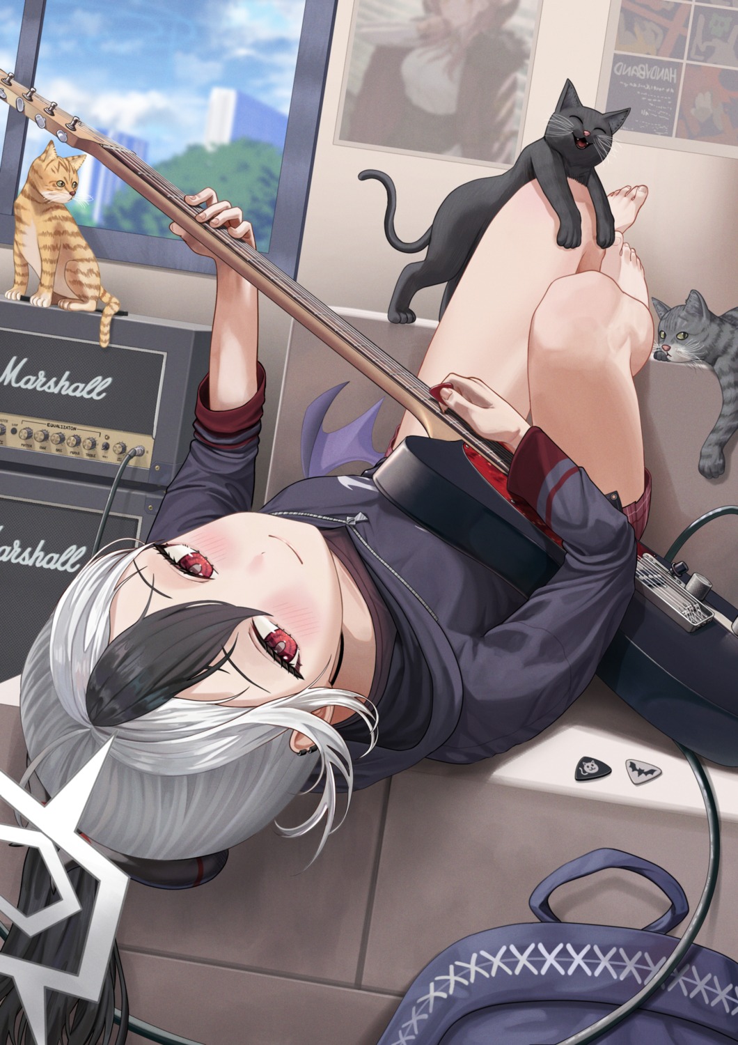 blue_archive, devil, guitar, halo, horns, neko, onikata_kayoko, silvertsuki1