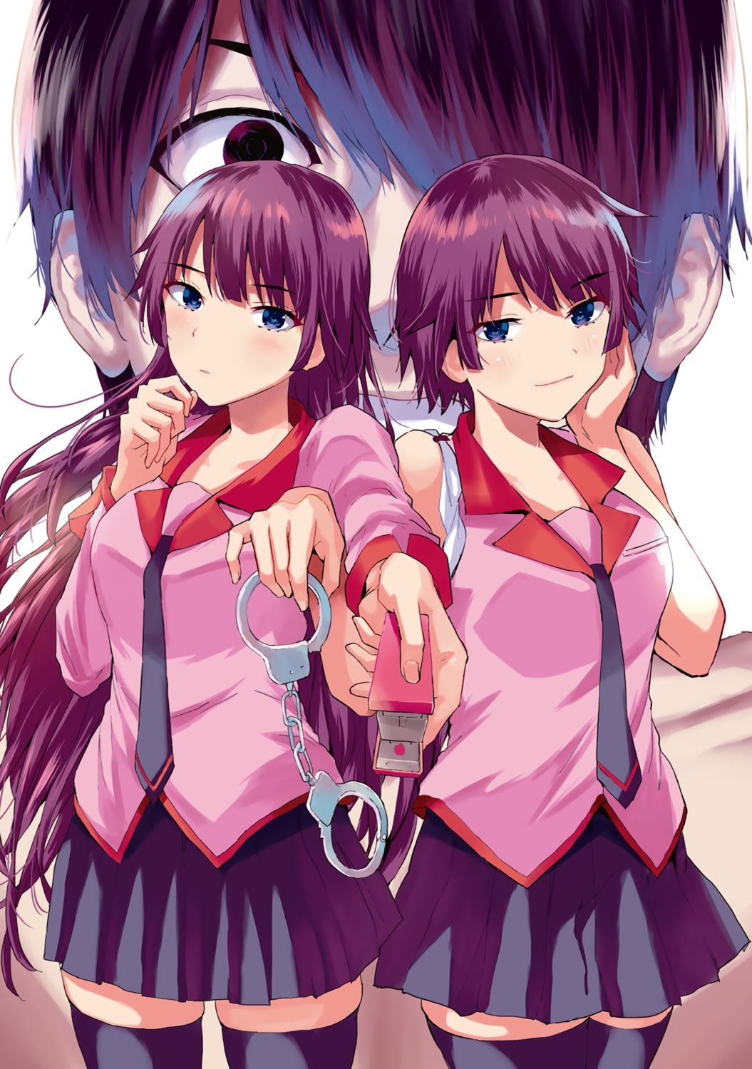 araragi_koyomi, monogatari_(series), seifuku, senjougahara_hitagi, thighhighs, yumeno_tanuki