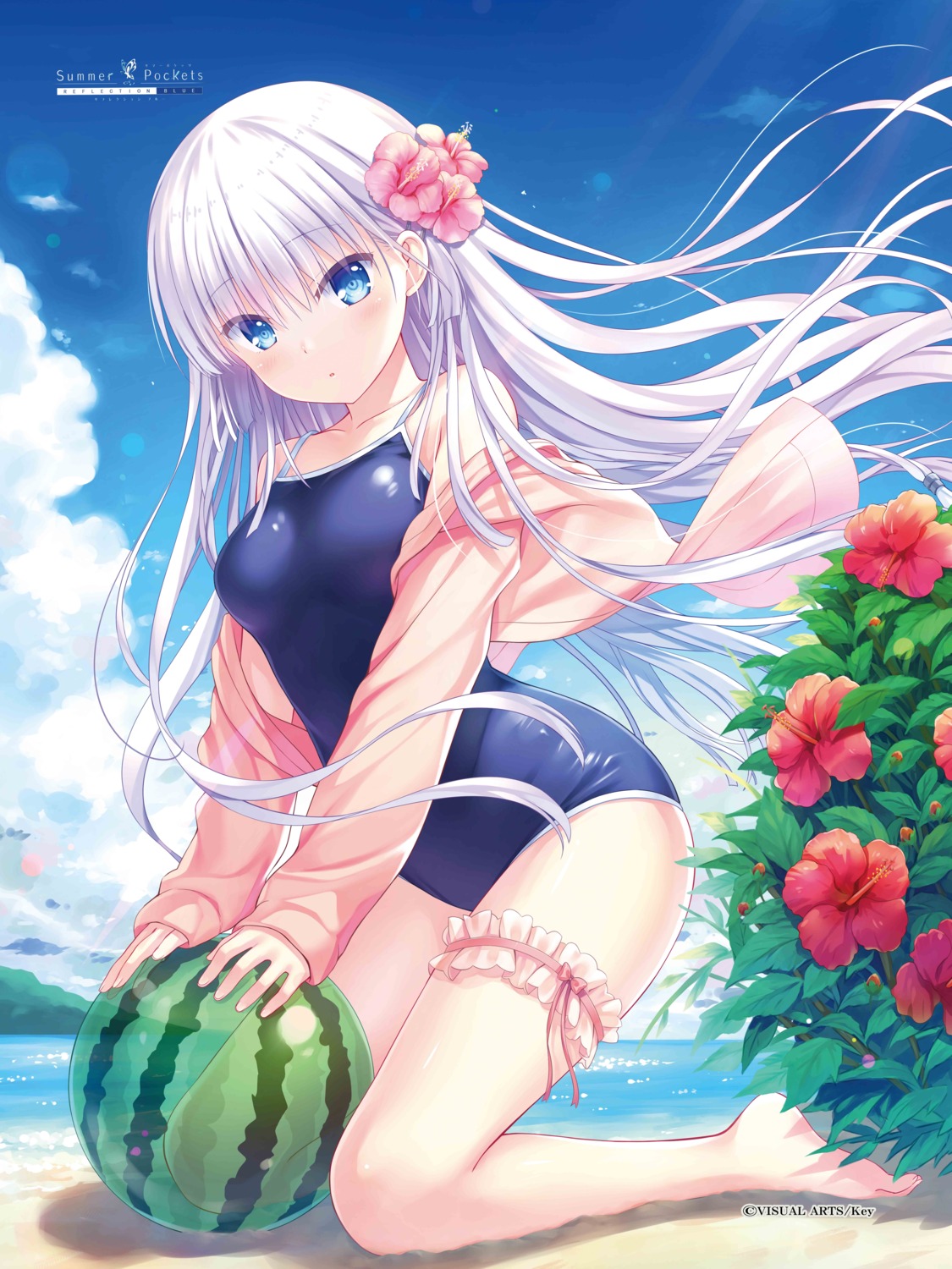 garter, key, na-ga, naruse_shiroha, school_swimsuit, summer_pockets, sweater, swimsuits