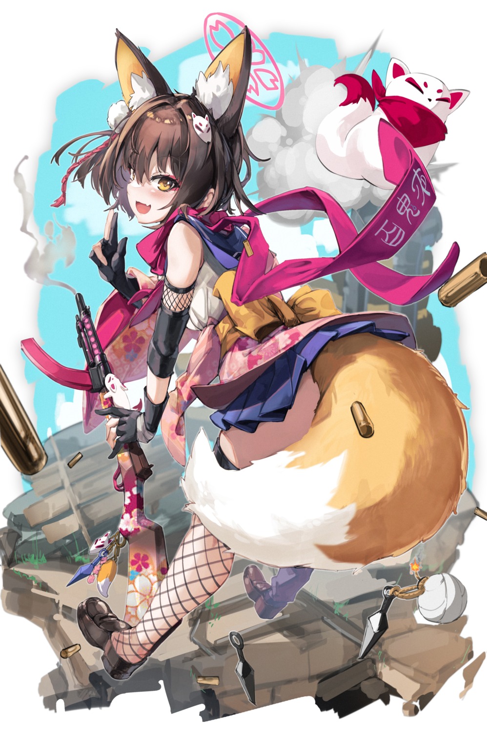 animal_ears, ass, blue_archive, fishnets, gun, halo, japanese_clothes, kitsune, kuda_izuna, ninja, seifuku, skirt_lift, tail, thighhighs, weapon, xun_li_eins