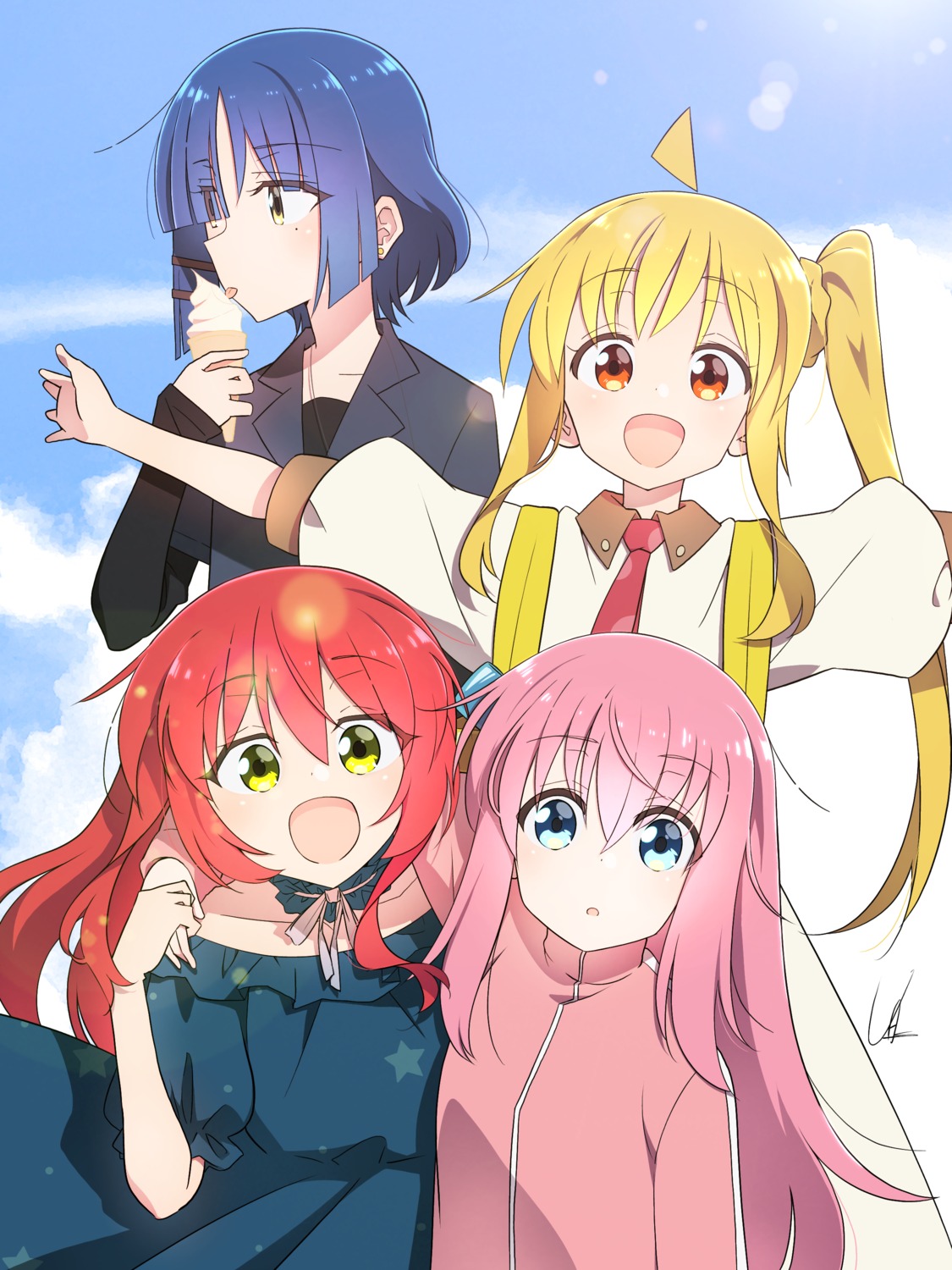 bocchi_the_rock!, dress, gotou_hitori, gym_uniform, ijichi_nijika, kita_ikuyo, yamada_ryou, yosiyasuyasu