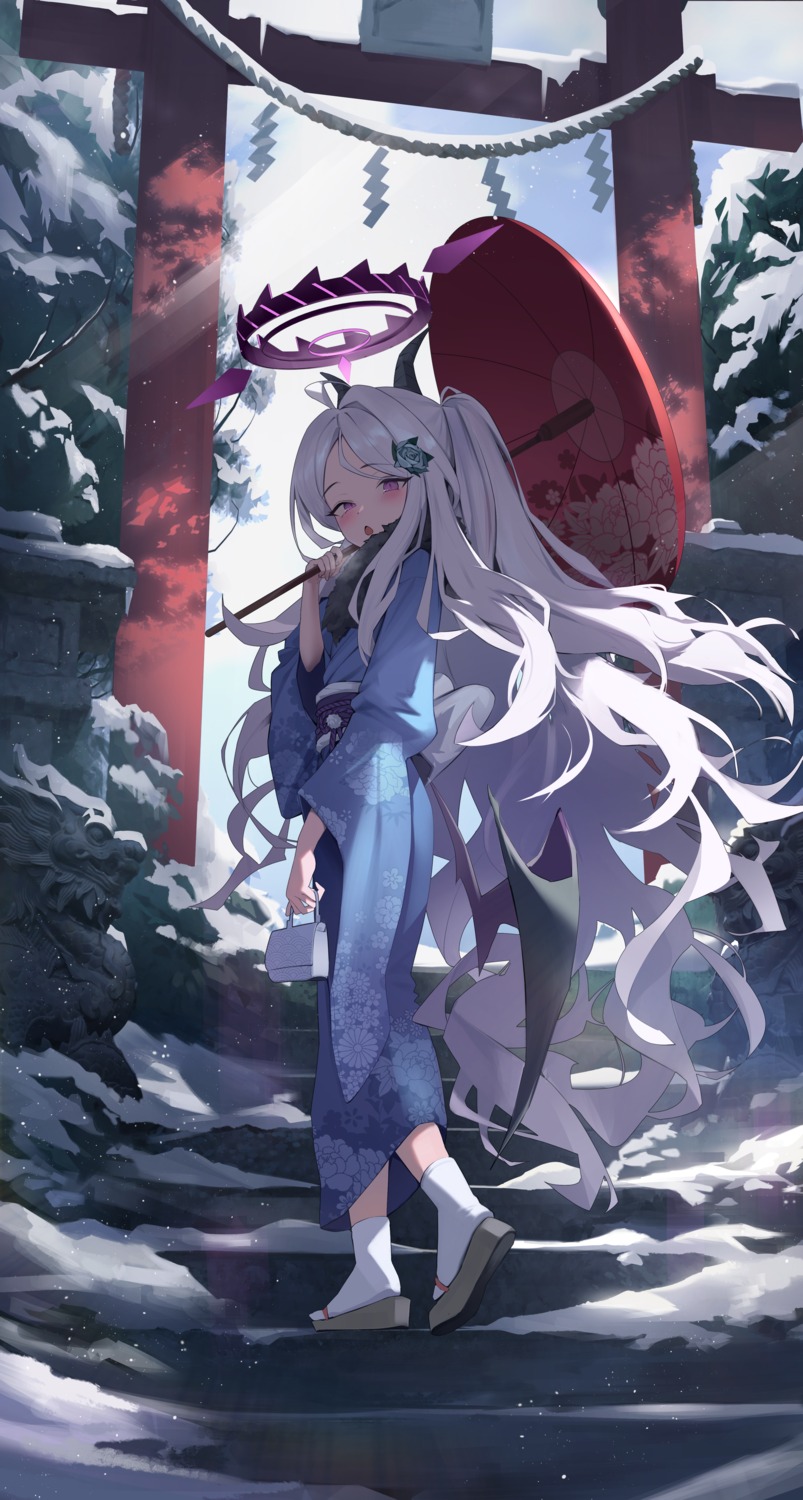 blue_archive, devil, halo, horns, kimono, okkimon, sorasaki_hina, umbrella