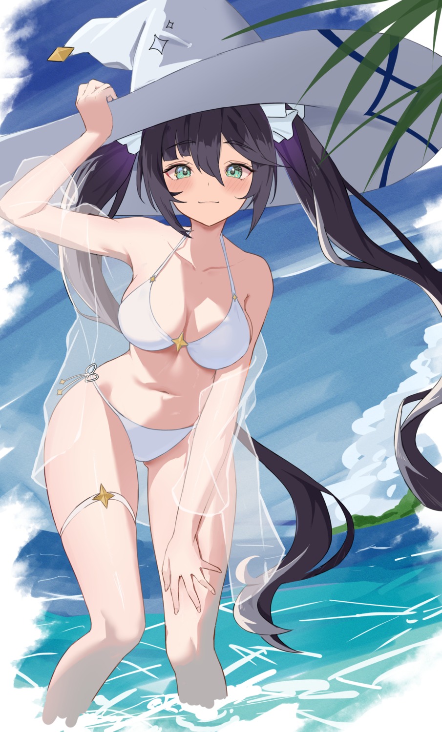 atto_illust, bikini, garter, genshin_impact, mona_megistus, see_through, swimsuits, wet
