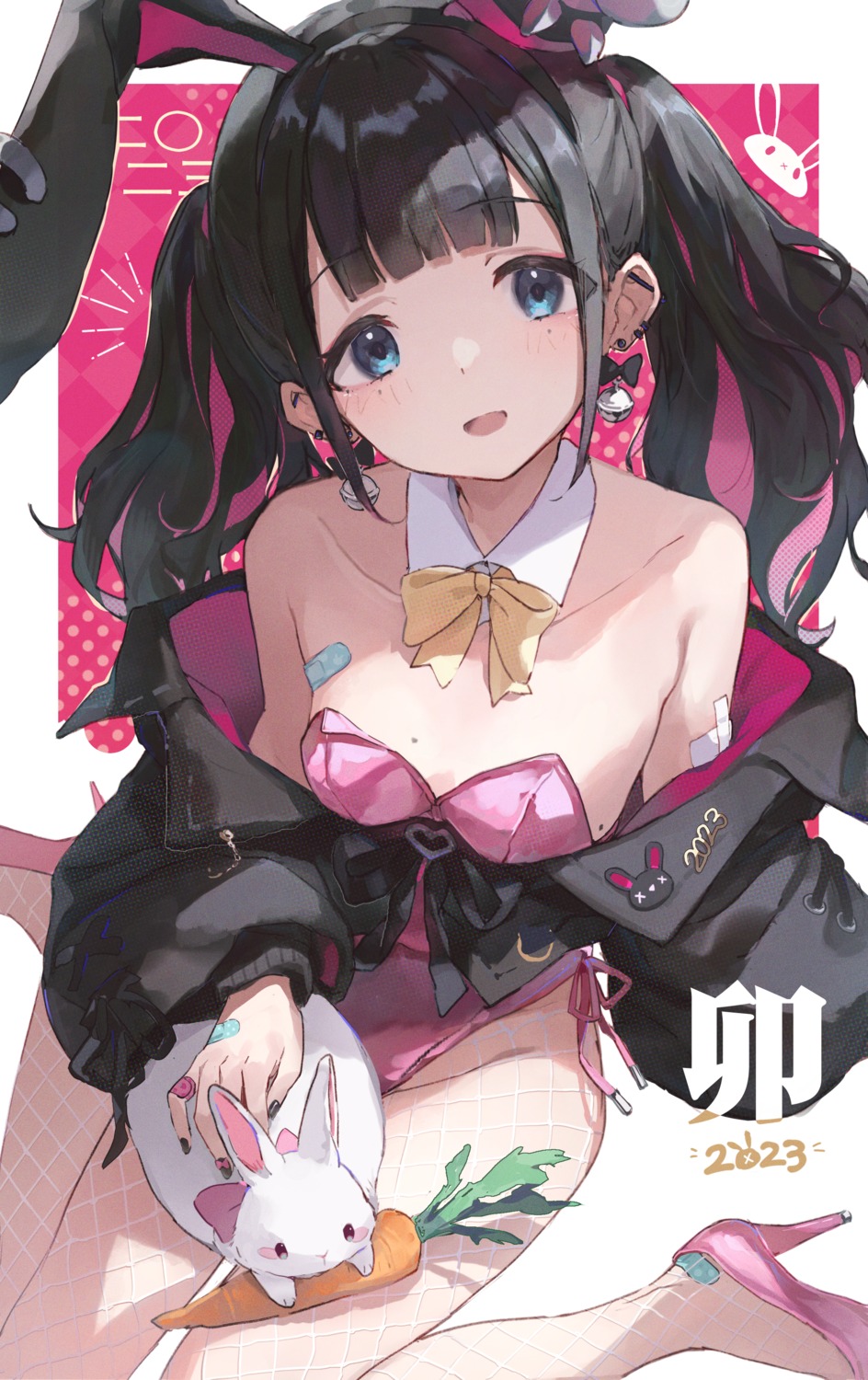 animal_ears, bandaid, bunny_ears, bunny_girl, fishnets, heels, luelue_zi, no_bra
