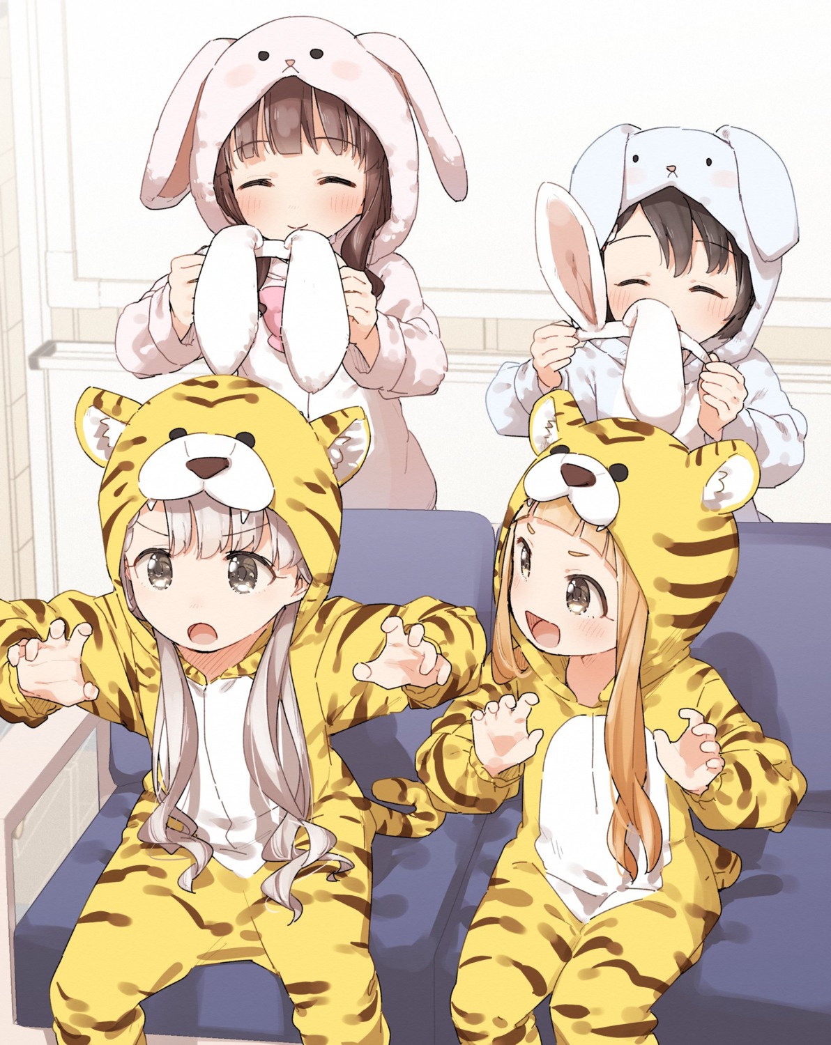 animal_ears, bunny_ears, hisakawa_nagi, ichihara_nina, kusaka_shi, ogata_chieri, pajama, sasaki_chie