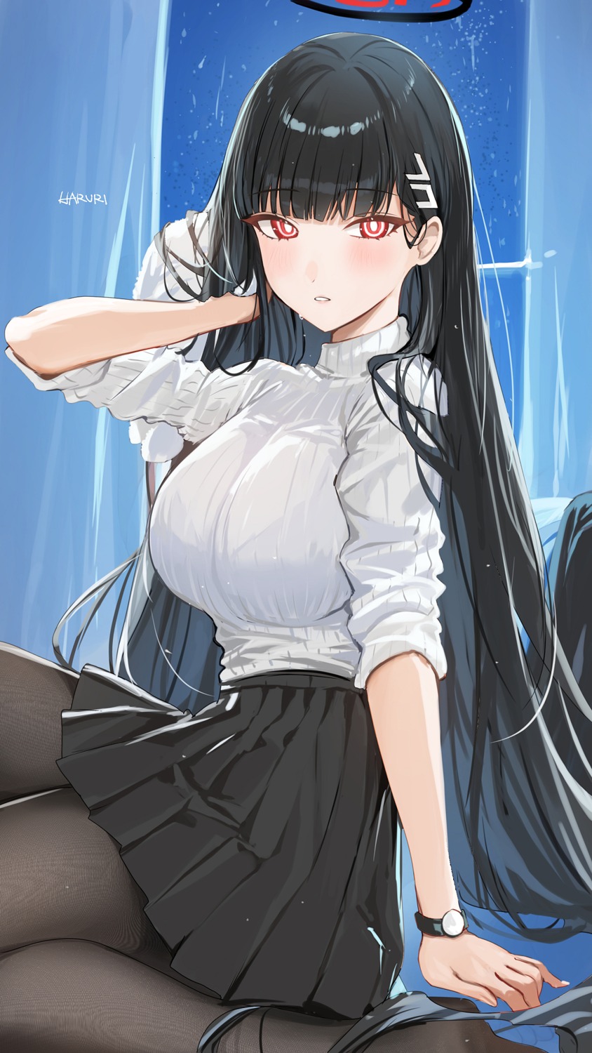 blue_archive, bra, halo, haruri, pantyhose, see_through, sweater, tsukatsuki_rio