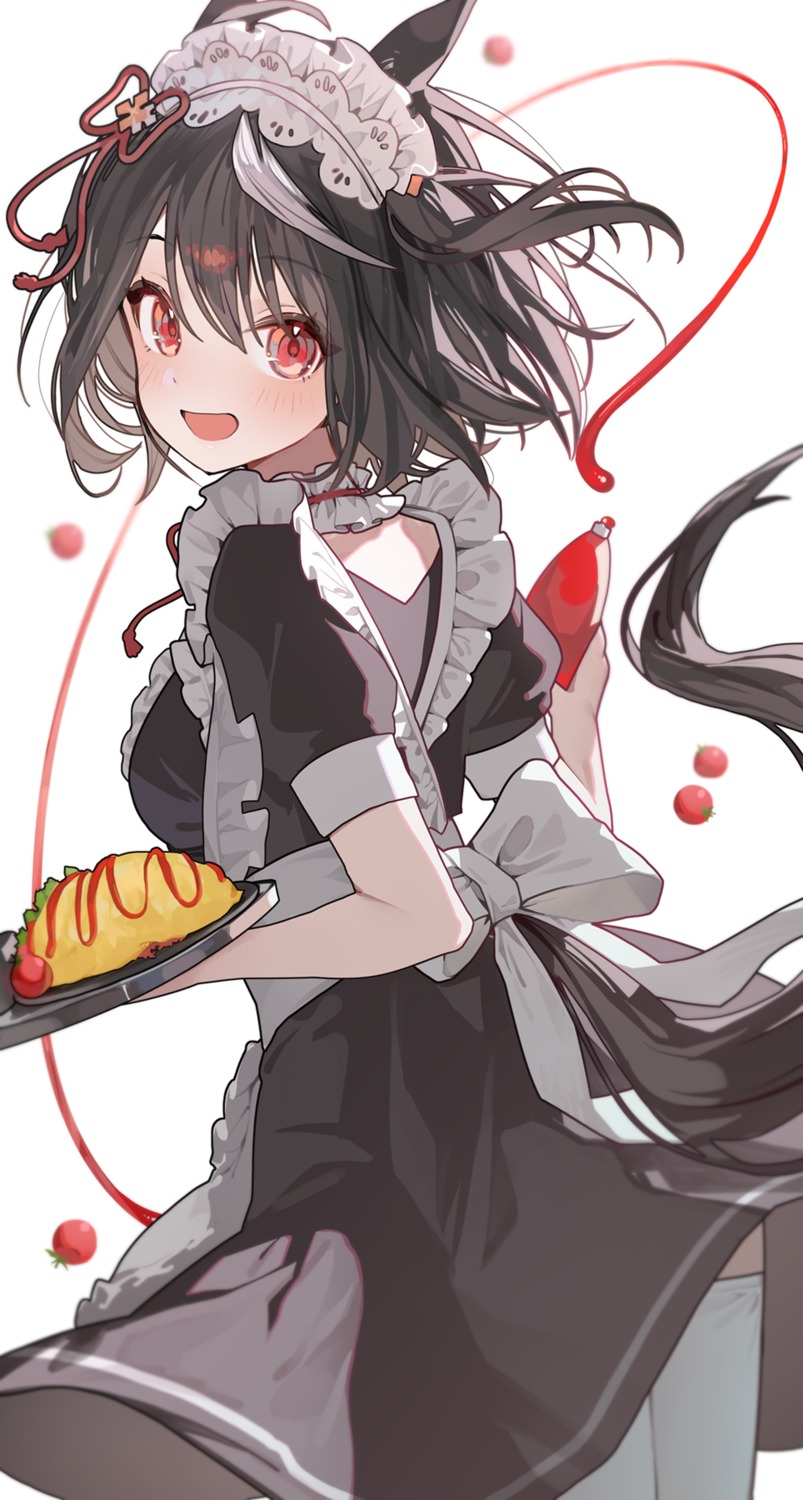 animal_ears, kitasan_black_(umamusume), maid, ningen_mame, skirt_lift, tail, thighhighs, uma_musume_pretty_derby