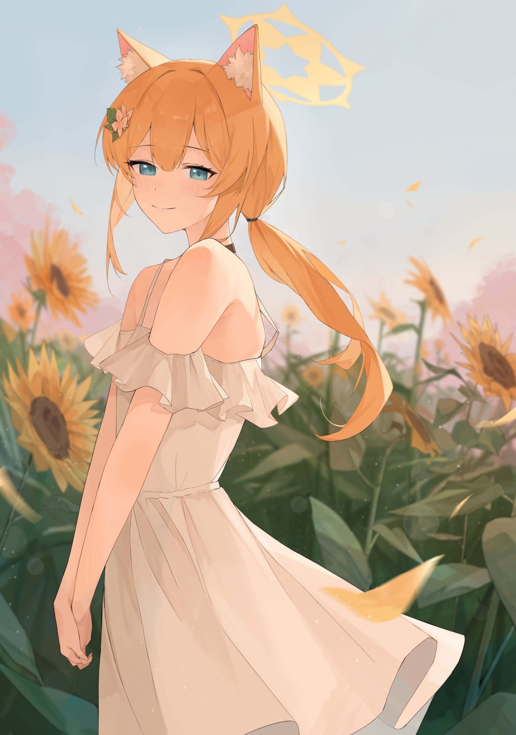 animal_ears, blue_archive, dress, halo, iochi_mari, nekomimi, randouworks, summer_dress