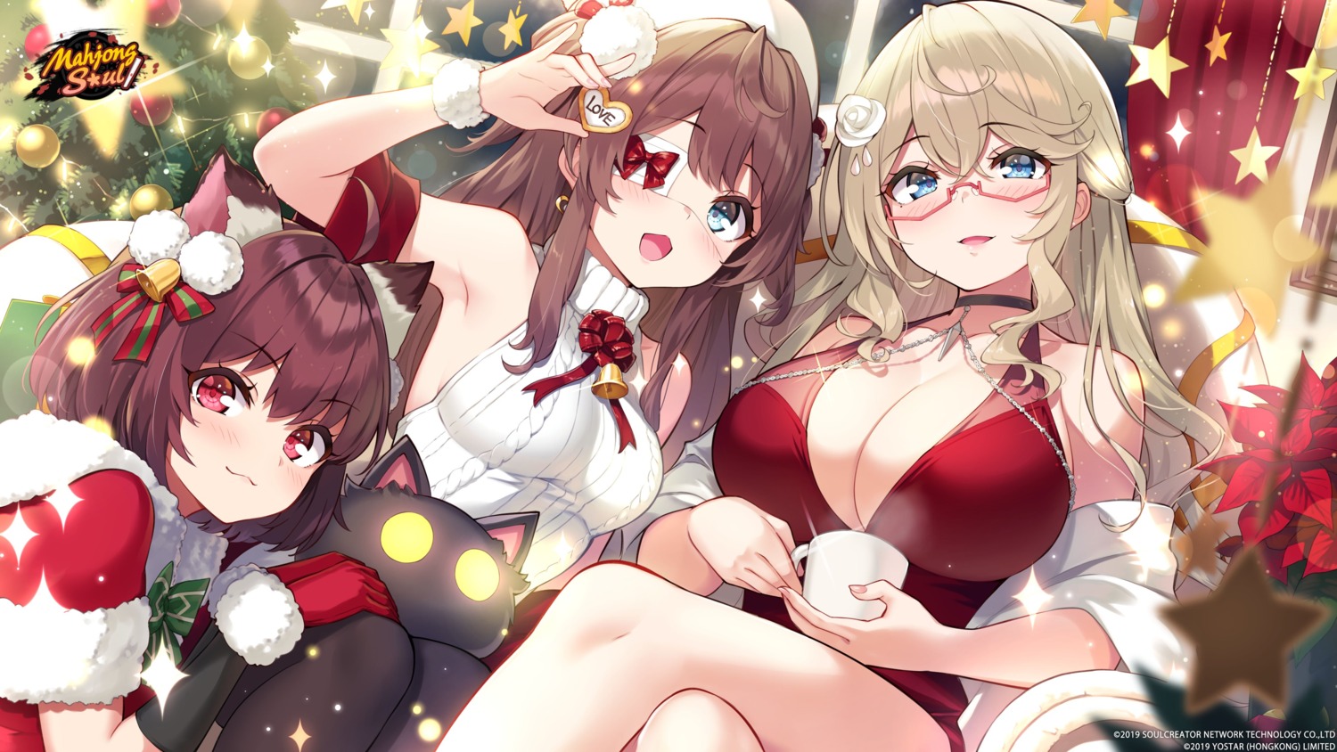 animal_ears, christmas, cleavage, eyepatch, hisen_kaede, ichihime_(majsoul), kisaragi_ayane, majsoul, megane, nekomimi, no_bra, shinomiya_fuyumi, sweater, thighhighs