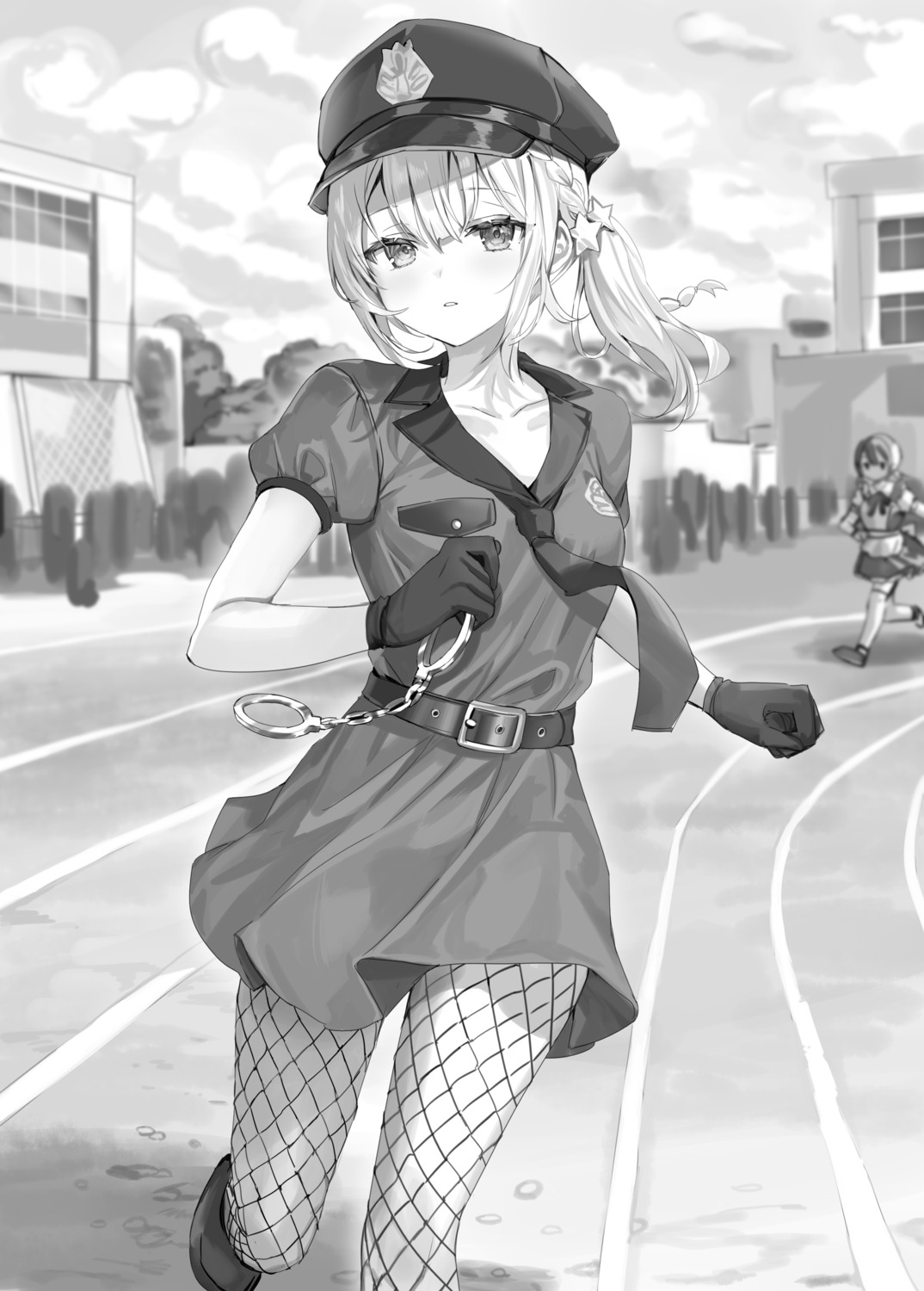 fishnets, miyamae_nonoa, momoko_(momopoco), monochrome, pantyhose, police_uniform, seifuku, thighhighs
