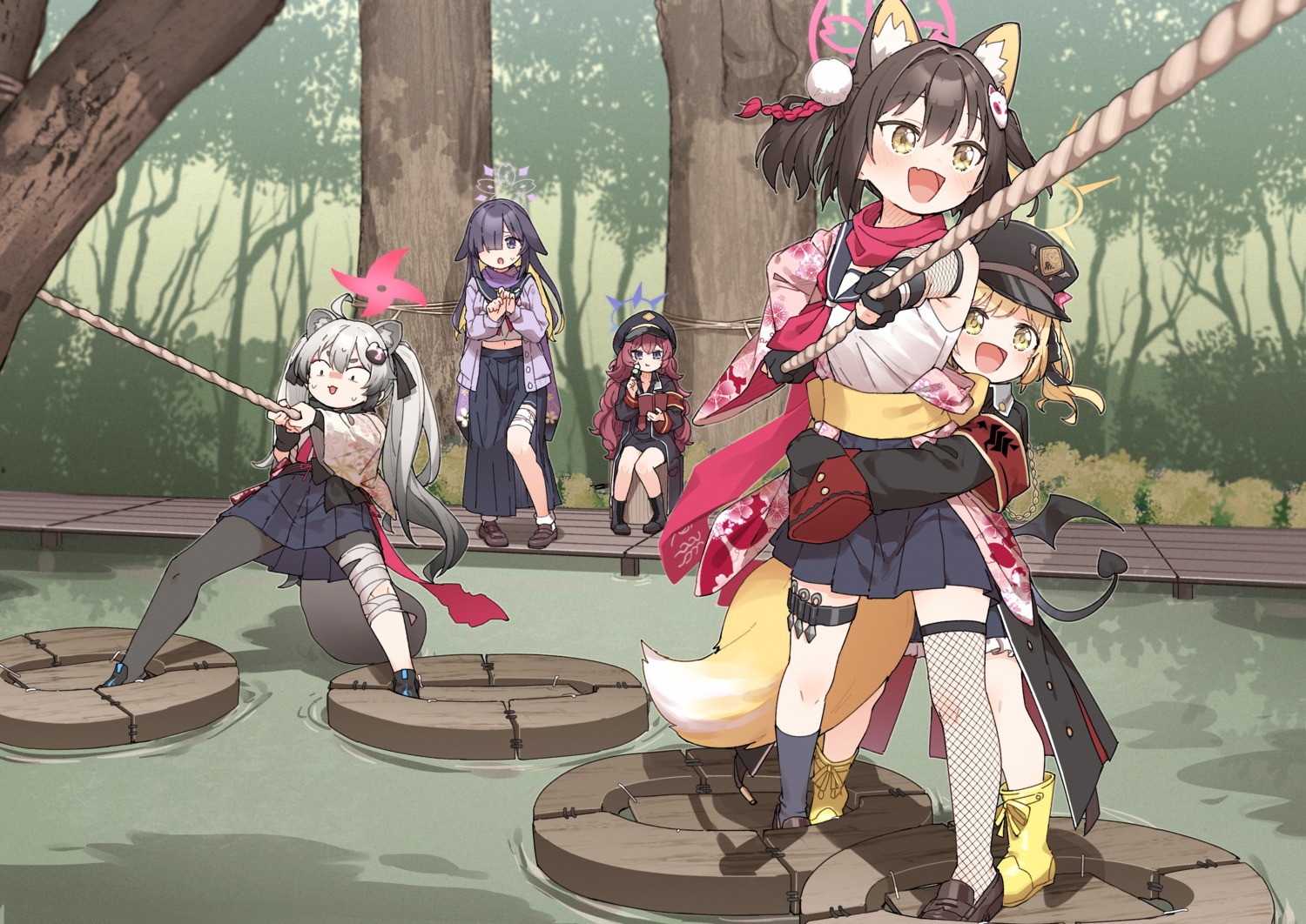 animal_ears, bandages, blue_archive, bunny_ears, chidori_michiru, devil, fishnets, garter, halo, japanese_clothes, kitsune, kuda_izuna, kusaka_shi, natsume_iroha, oono_tsukuyo, pantyhose, seifuku, skirt_lift, sweater, tail, tanga_ibuki, thighhighs, uniform, weapon, wings