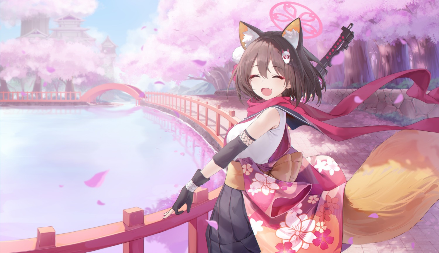 animal_ears, blue_archive, fishnets, gun, halo, japanese_clothes, kitsune, kuda_izuna