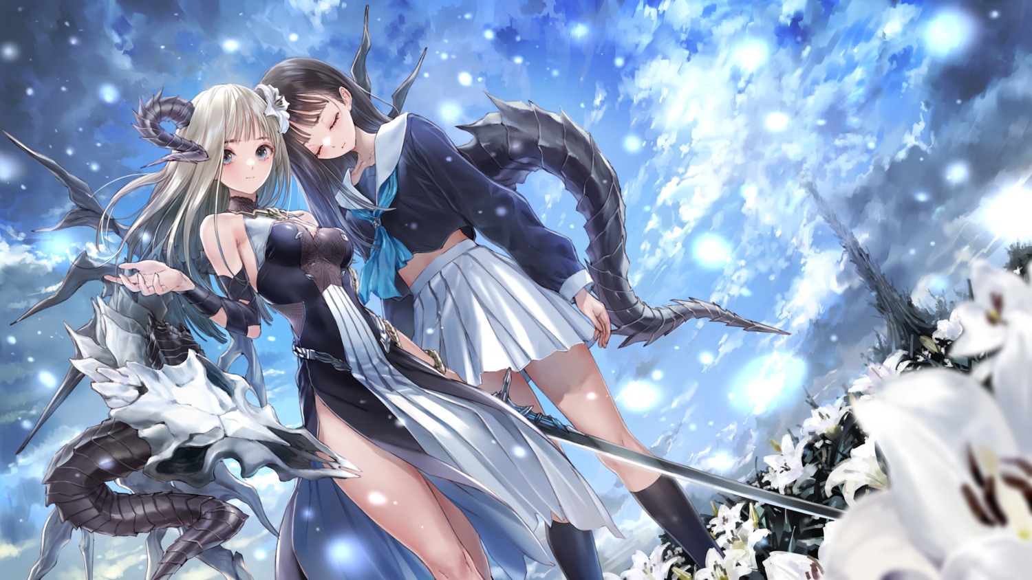 blue_reflection, blue_reflection_sun, dress, horns, kishida_mel, koei_tecmo, seifuku, skirt_lift, sword, tail, wings, xiao_meiqi