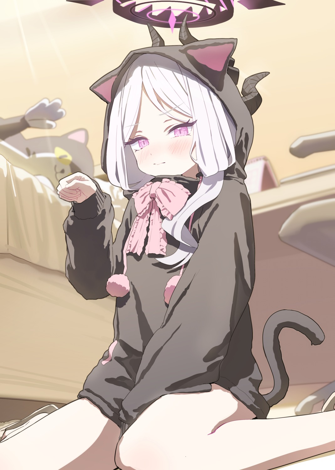 animal_ears, applepie_(12711019), blue_archive, halo, horns, nekomimi, pajama, sorasaki_hina, tail