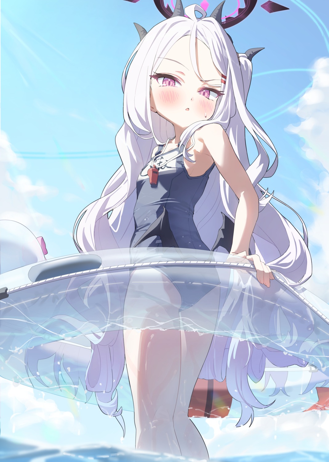 applepie_(12711019), ass, blue_archive, devil, halo, horns, school_swimsuit, sorasaki_hina
