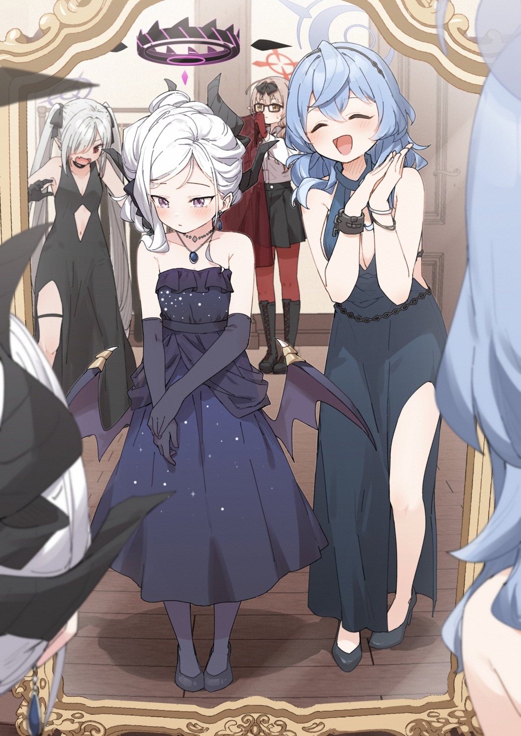 amau_ako, blue_archive, devil, dress, garter, halo, heels, hinomiya_chinatsu, horns, kusaka_shi, megane, no_bra, pantyhose, pointy_ears, shiromi_iori, skirt_lift, sorasaki_hina, wings