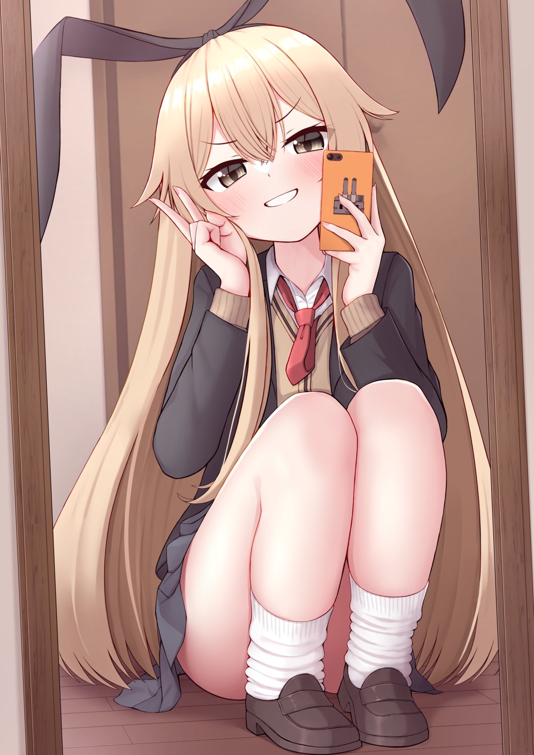 animal_ears, bunny_ears, kantai_collection, seifuku, selfie, shimakaze_(kancolle), skirt_lift, sweater, tiemu_(man190)