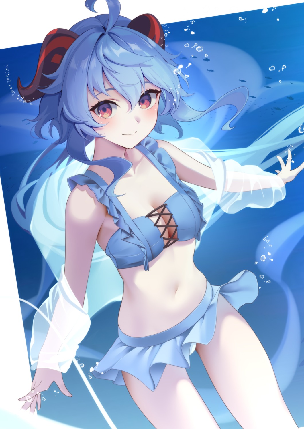 bikini, cleavage, ganyu, genshin_impact, horns, open_shirt, see_through, skirt_lift