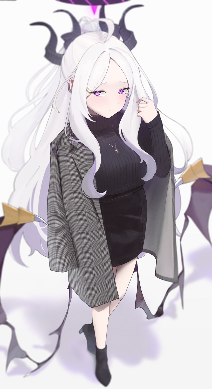 blue_archive, devil, halo, heels, horns, matsukan_(dug_pile), sorasaki_hina, sweater, wings