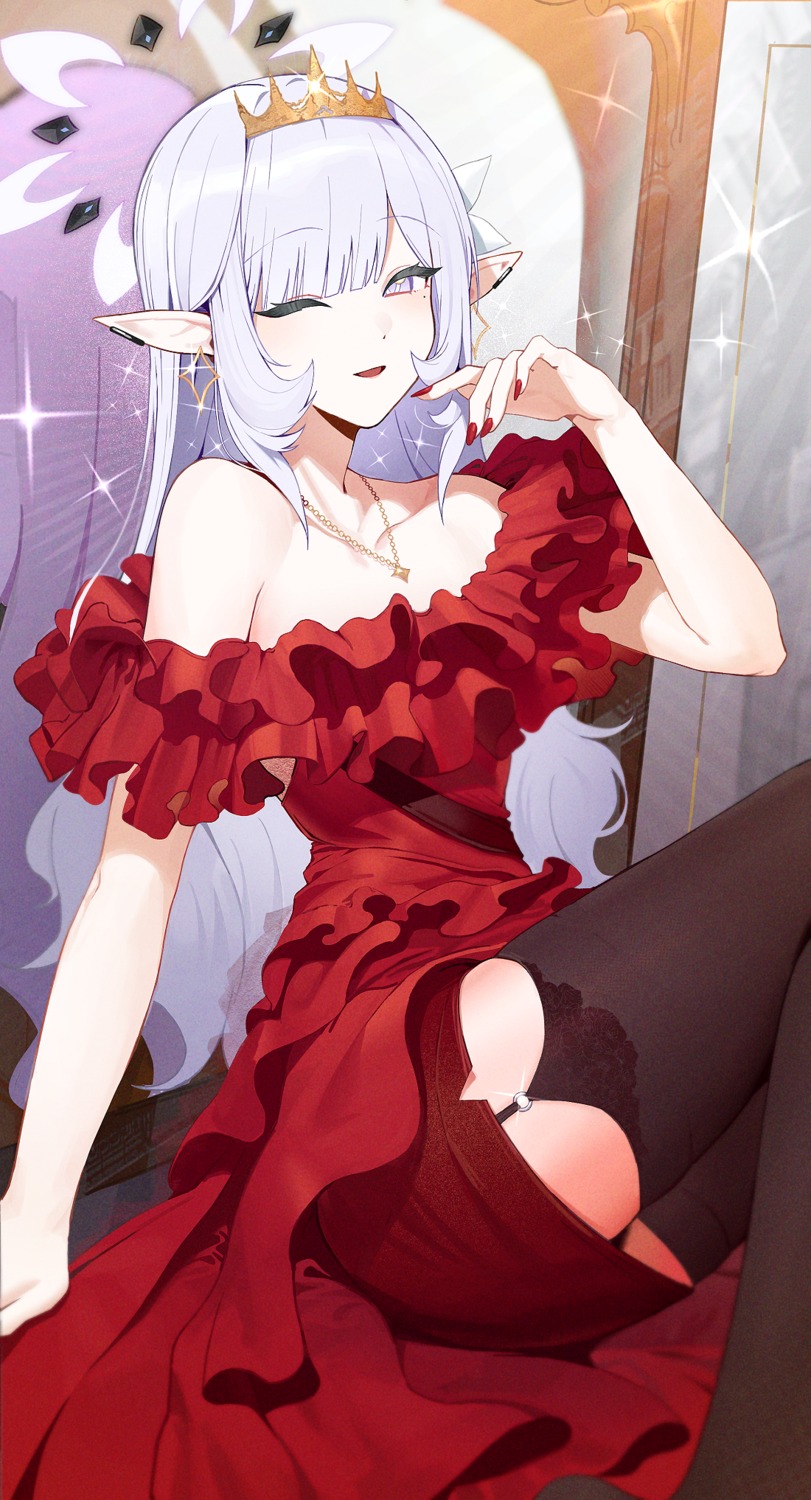 akeboshi_himari, blue_archive, dress, halo, no_bra, pointy_ears, stockings, thighhighs, zanya_000