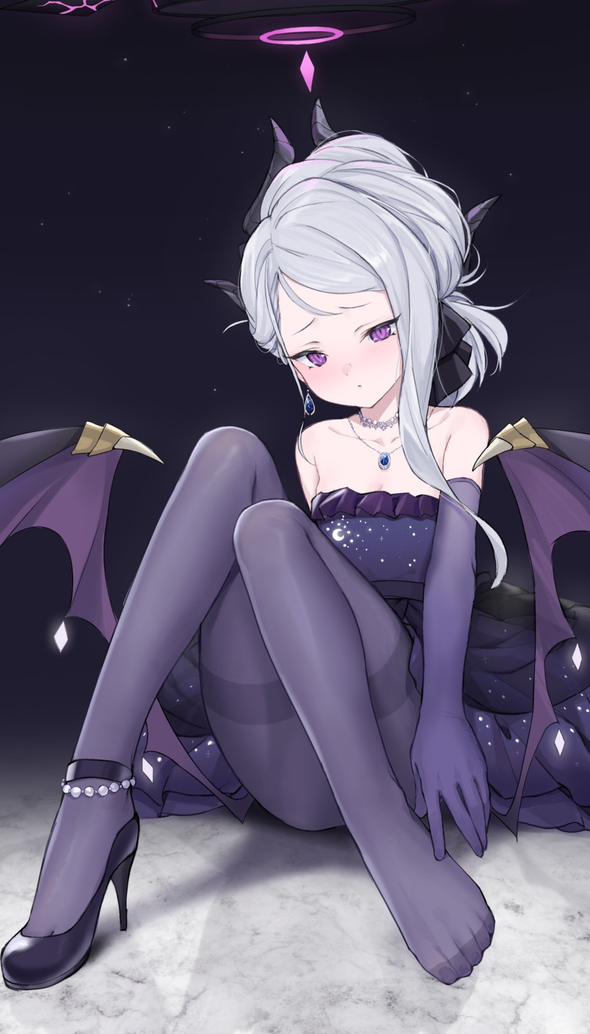 blue_archive, devil, dress, feet, halo, heels, horns, kuro_(zhurunbo1997), no_bra, pantyhose, skirt_lift, sorasaki_hina, wings