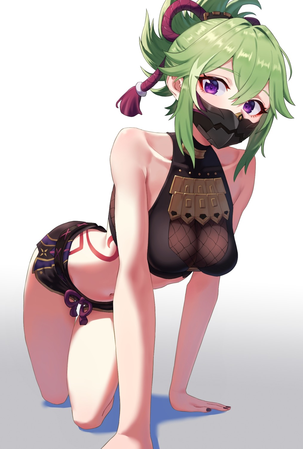 fishnets, genshin_impact, kadokadokado, kuki_shinobu, see_through, tattoo