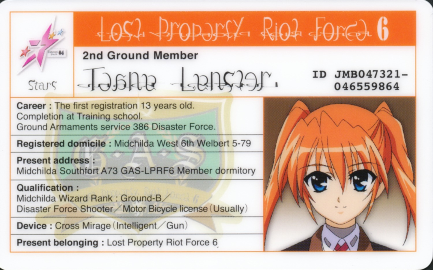 id_card, mahou_shoujo_lyrical_nanoha, mahou_shoujo_lyrical_nanoha_strikers, teana_lanster