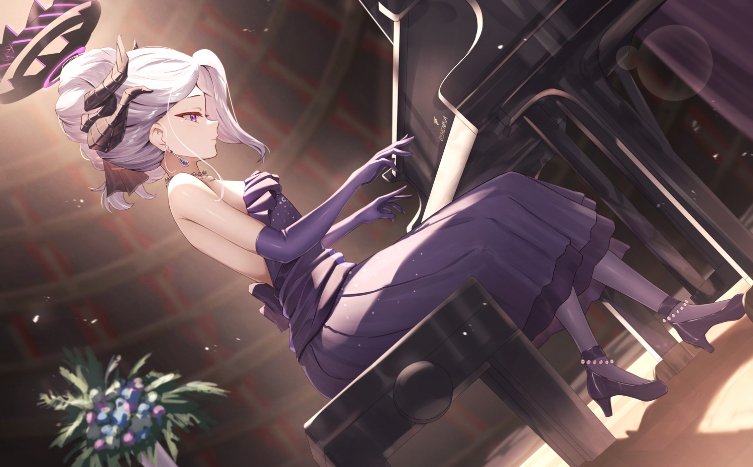blue_archive, dress, eiryu33, halo, heels, horns, no_bra, pantyhose, sorasaki_hina