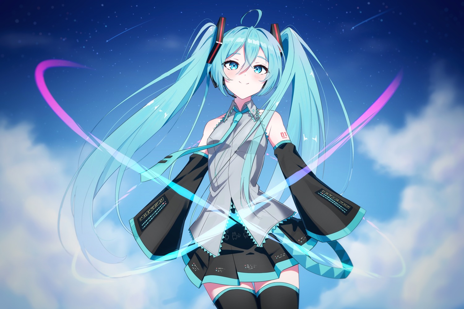 hatsune_miku, headphones, procrastinator39, tattoo, thighhighs, vocaloid