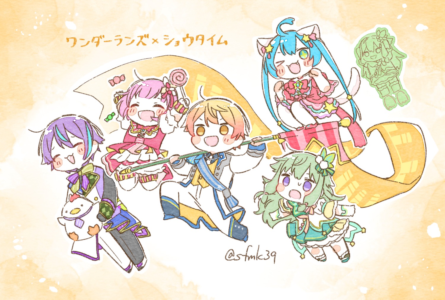 animal_ears, chibi, hatsune_miku, kamishiro_rui, kusanagi_nene, nekomimi, nene-robo, ootori_emu, pantyhose, project_sekai, sa-fu, tail, tenma_tsukasa, thighhighs, uniform, vocaloid