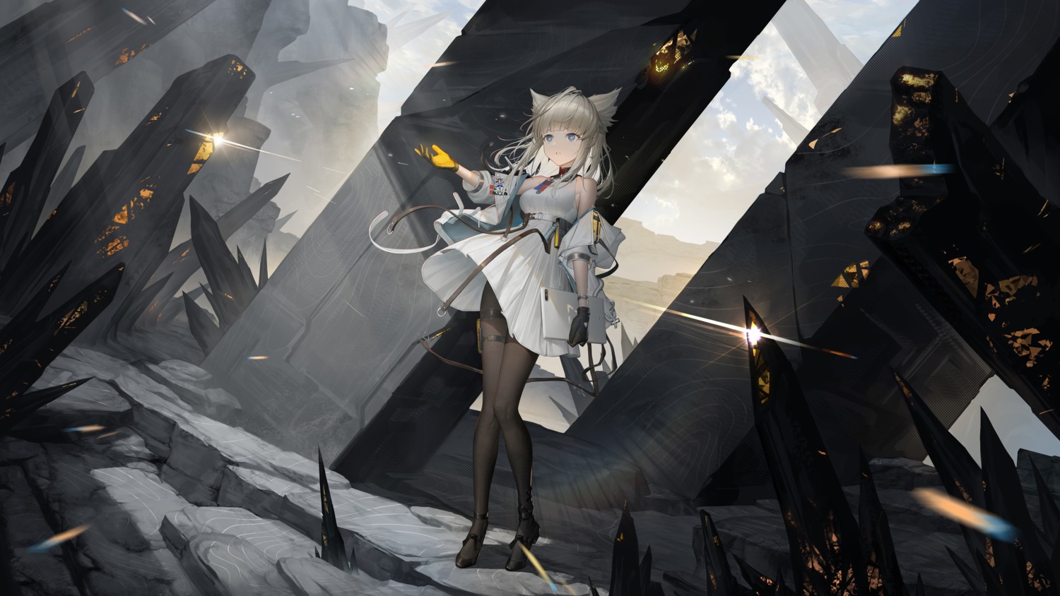 animal_ears, arknights, arknights:_endfield, dress, garter, nekomimi, pantyhose, perlica_(arknights), skirt_lift, soho_(user_dphk5745)