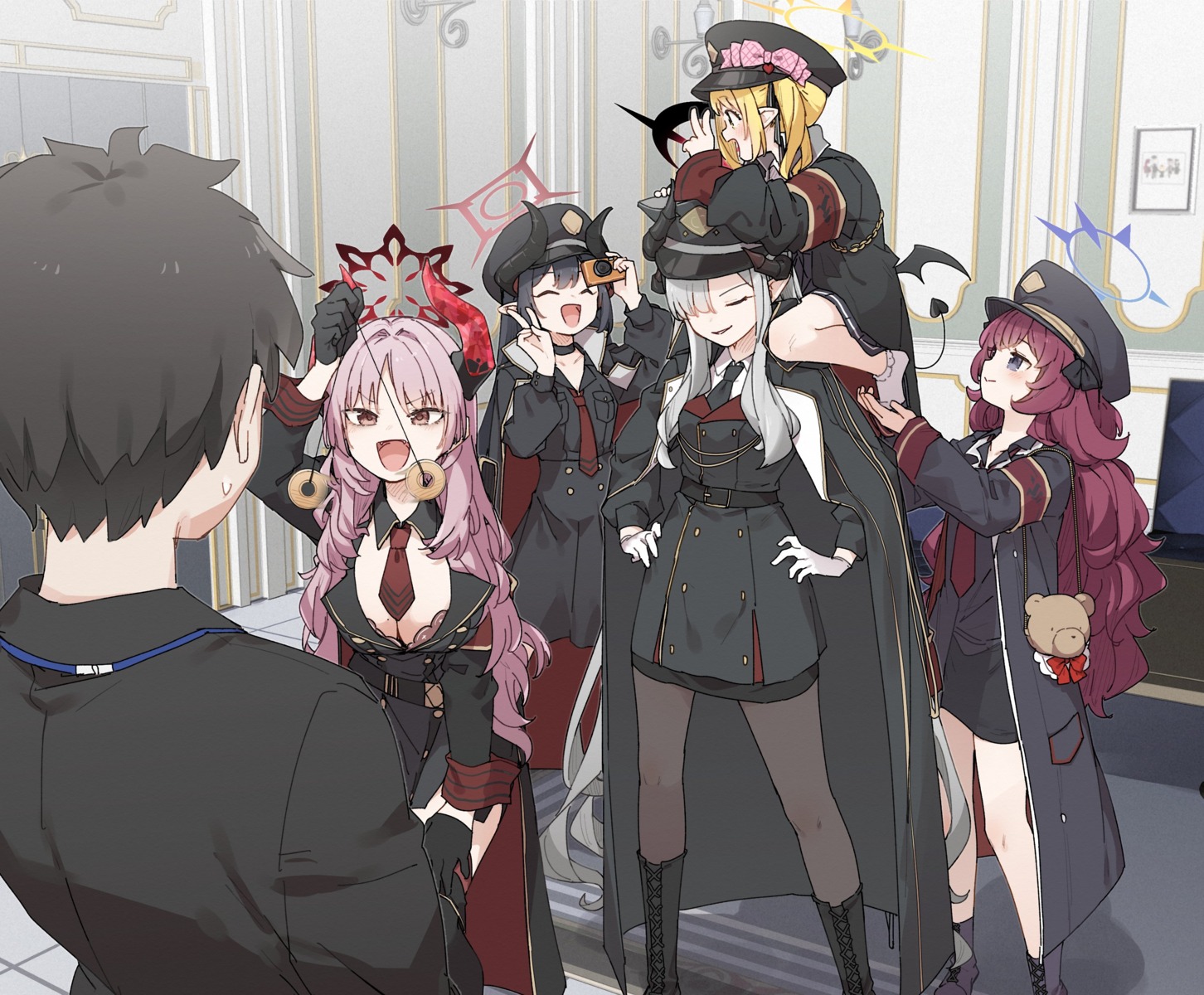 blue_archive, bra, devil, halo, hanuma_makoto, horns, kusaka_shi, kyougoku_satsuki, motomiya_chiaki, natsume_iroha, open_shirt, pantyhose, pointy_ears, tail, tanga_ibuki, thighhighs, uniform, wings